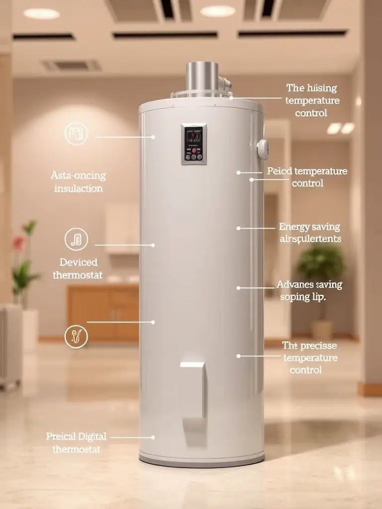A detailed image of the ClimaLift 50 Gallon Electric Water Heater, showcasing its advanced insulation and digital thermostat, emphasizing its energy-saving features and precise temperature control.